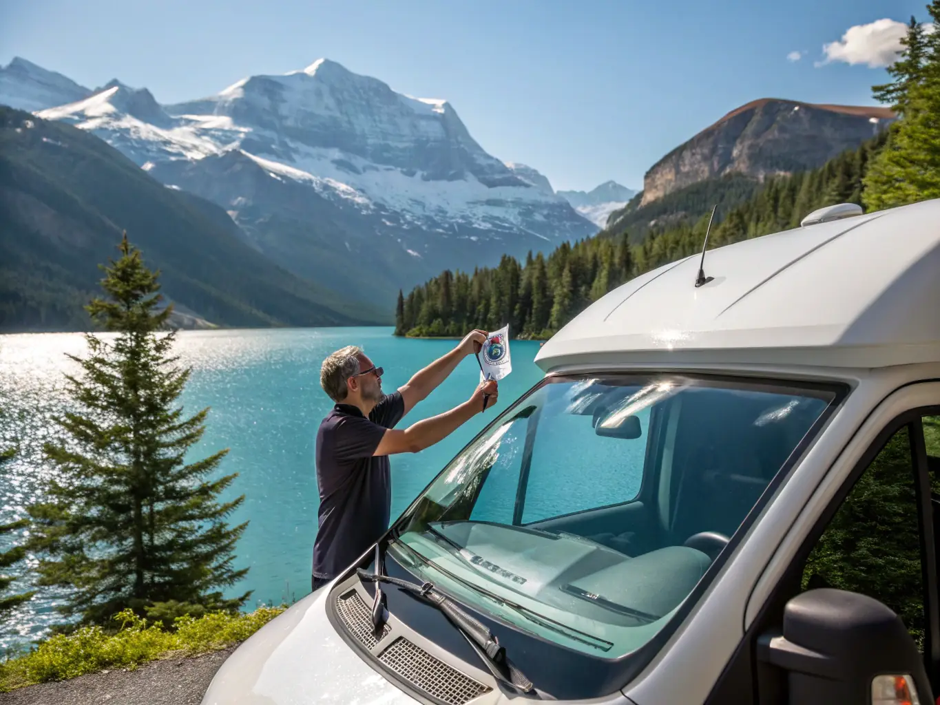 A ten-day Swiss vignette being applied to the windshield of a campervan, with a Swiss lake and mountains visible in the background, highlighting its suitability for vacationers.