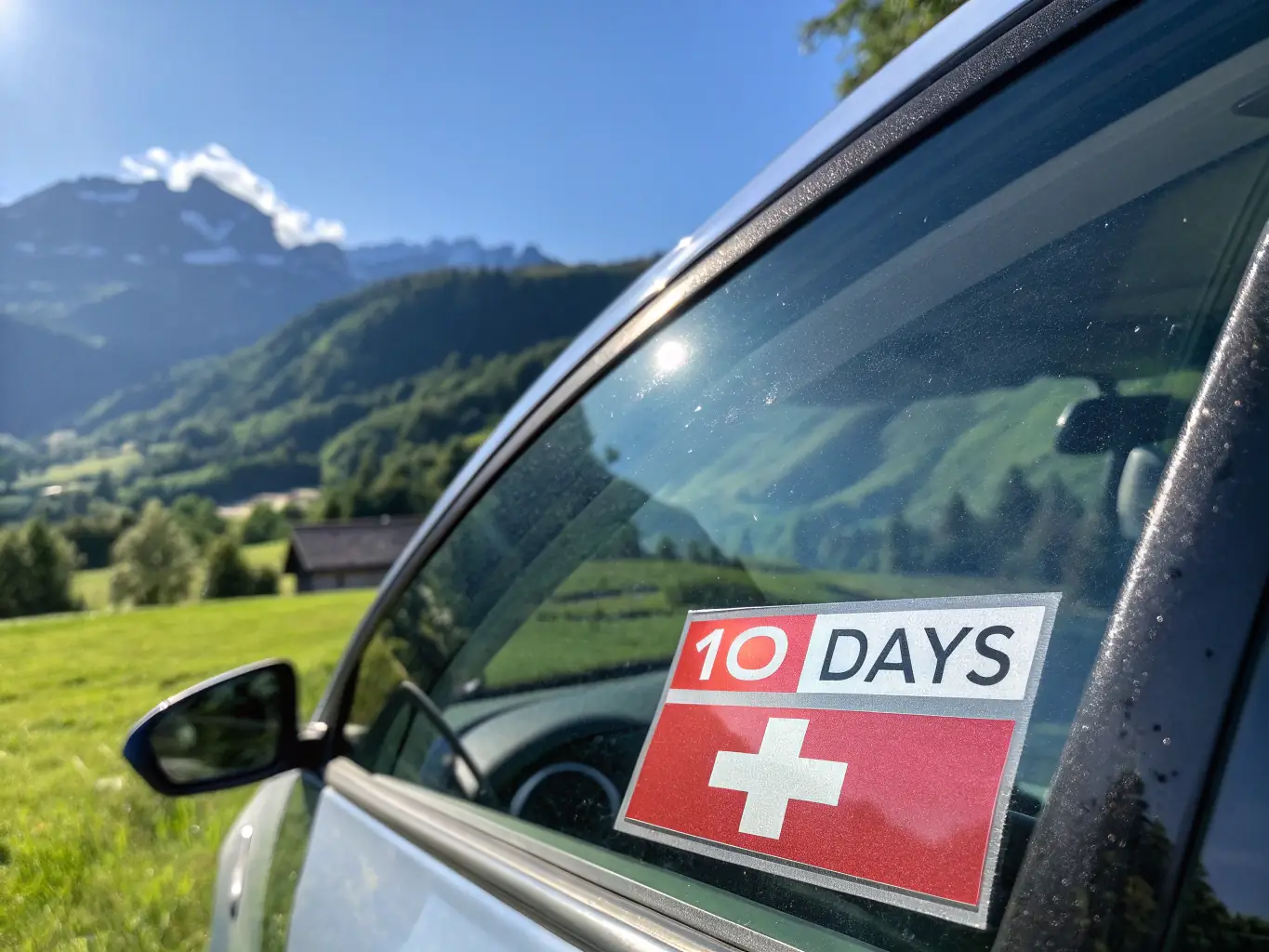 A close-up shot of a Swiss annual vignette, clearly showing the year and official markings, placed on a clean, well-maintained car windshield, with a blurred background of a Swiss highway.