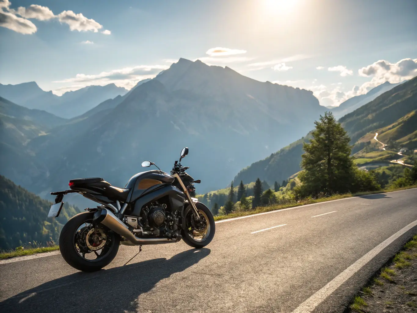 A Swiss two-month vignette displayed on a motorcycle windshield, with a scenic Swiss mountain road visible in the background, emphasizing the vignette's use for shorter trips.